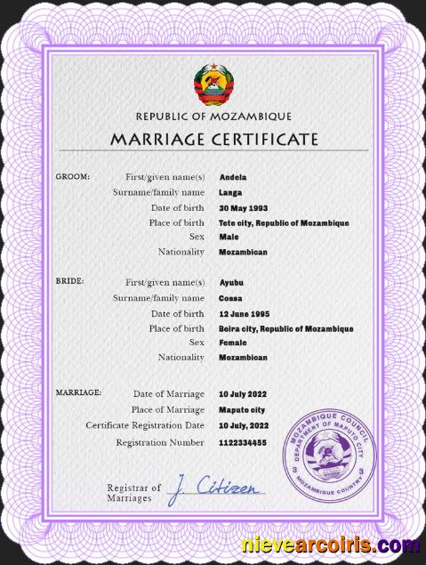 Mozambique marriage certificate